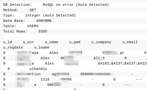 Screenshot dei dati trafugati dal sito Sony BMG Screenshot dei dati trafugati dal sito Sony BMG