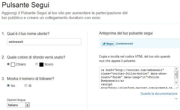 Pannello per il codice del pulsante Segui su Twitter Pannello per il codice del pulsante Segui su Twitter