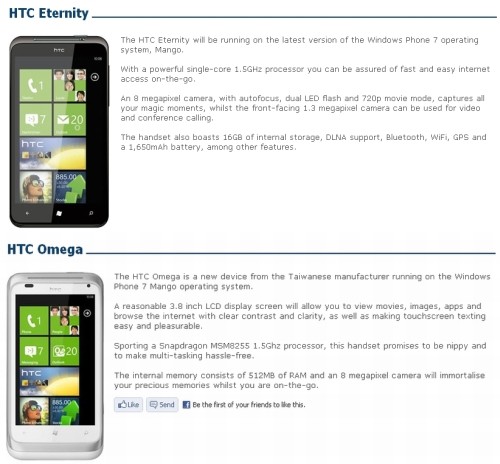 HTC Eternity e Omega, ecco le specifiche tecniche