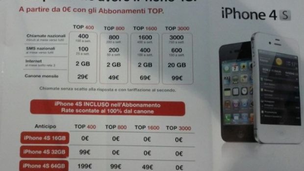 iPhone 4S: L'offerta di Tre con o senza abbonamento