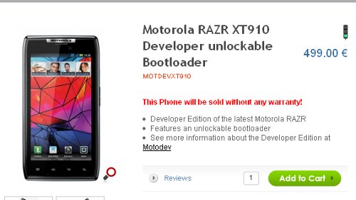 Motorola RAZR Dev Edition con bootloader sbloccato