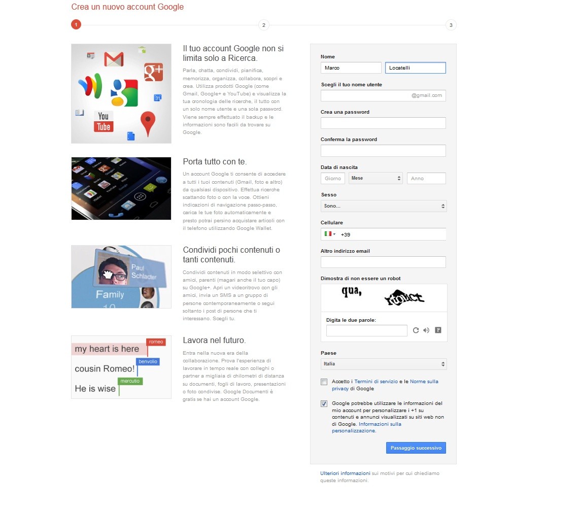 Schermata di iscrizione