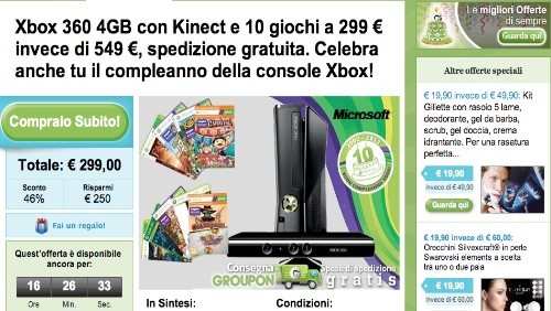 Groupon, Xbox 360 con Kinect e 10 giochi a 299€ solo per oggi