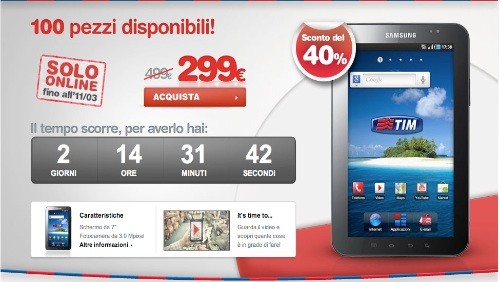 TIM, Samsung Galaxy Tab in offerta limitata a 299€