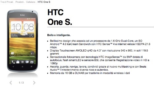 HTC One S entra a listino di 3 Italia