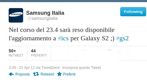 Samsung Galaxy S II, Android 4.0 ICS oggi in Italia