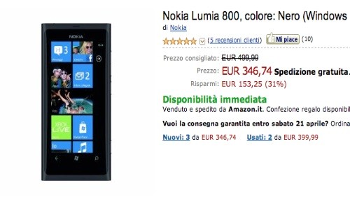 Amazon Italia: Nokia Lumia 800 a 346 euro e Nokia Lumia 710 a 249 euro