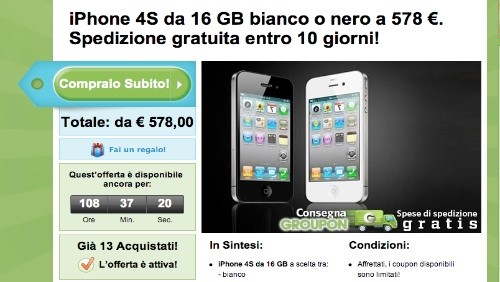 Groupon: Apple iPhone 4S 16 Gb a 578 euro