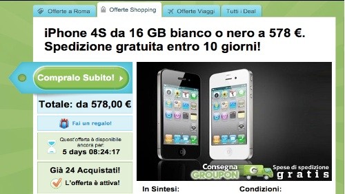 Groupon: Apple iPhone 4S 16 GB a 578 euro