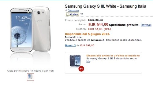 Samsung Galaxy S3 in pre-ordine da Amazon Italia a 644,99 euro