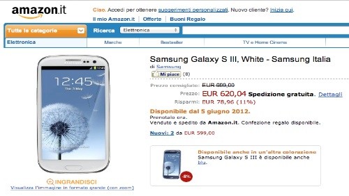 Amazon Italia ribassa i prezzi del Samsung Galaxy S3 (aggiornamento 25 maggio)