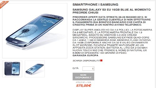 Samsung Galaxy S3 a 575 euro da Computermemory