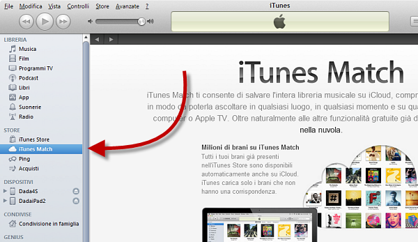 Usare iTunes Match: passo 1 Usare iTunes Match: passo 1
