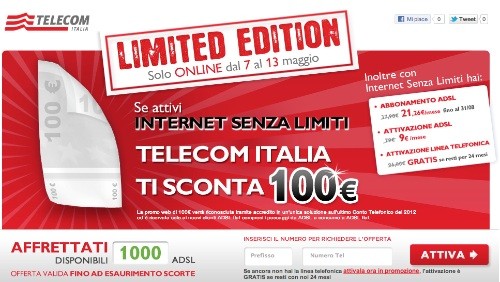 Telecom Italia: 100 euro di sconto per chi si abbona a Internet Senza Limiti