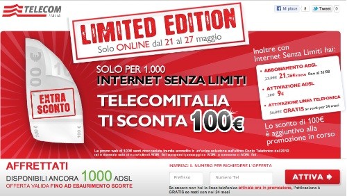 Telecom Italia: 100 euro di sconto per chi si abbona a Internet Senza Limiti
