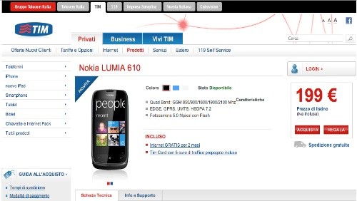 Nokia Lumia 610 entra nel listino di TIM