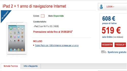 TIM: Apple iPad 2 e Tablet Pack 1GB per un anno a 519 euro
