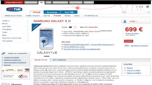 Samsung Galaxy S3 entra nel listino TIM (Aggiornamento: Galaxy S3 adesso disponibile)