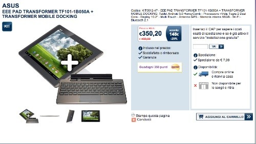 Unieuro: ASUS Eee Pad Transformer con Mobile Docking a 350,20 euro