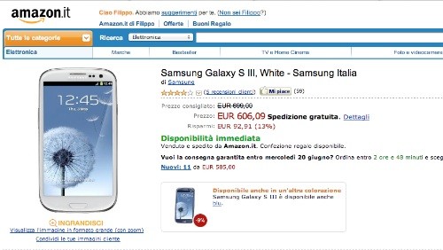 Samsung Galaxy S3 a 606,09 euro da Amazon Italia