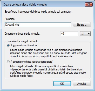Impostazioni file VHD