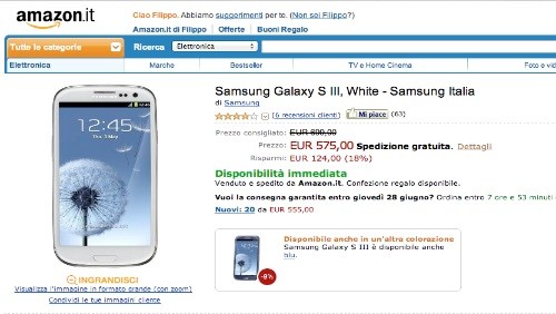 Samsung Galaxy S3 garanzia Italia a 575 euro su Amazon Italia
