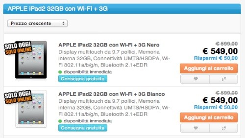 Saturn: Apple iPad 2 3G 32GB solo per oggi a 549 euro