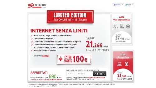 Telecom Italia: 100 euro di sconto per chi si abbona a Internet Senza Limiti