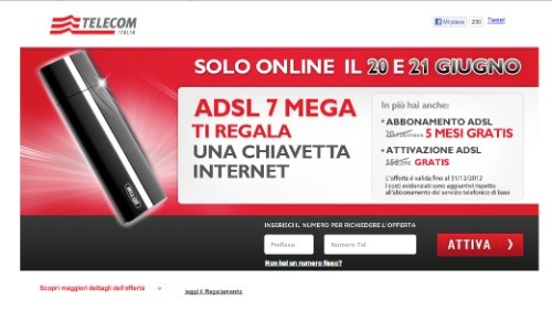 Telecom Italia: 5 mesi gratis e una chiavetta Internet in regalo a chi si abbona ad ADSL 7 MEGA