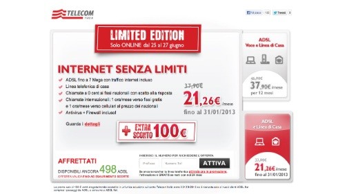 Telecom Italia: 100 euro di extra sconto per chi attiverà Internet Senza Limiti