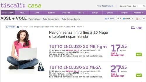 Tiscali: solo per oggi gli abbonamenti Tutto Incluso 20 MEGA scontati sino al 2015