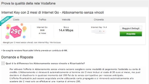 Vodafone: Internet Key e 2 mesi di Internet Go a 29 euro