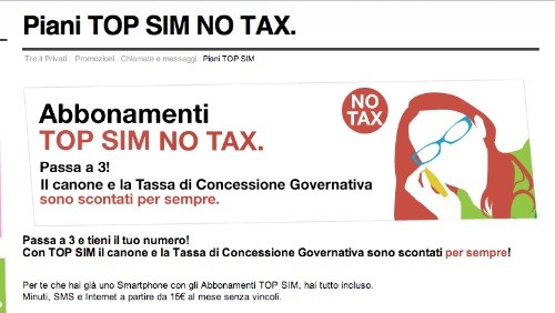 3 Italia: tassa di concessione governativa scontata per sempre sugli abbonamenti TOP SIM