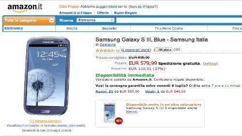 Samsung Galaxy S3 blu a 580 euro con garanzia Italia da Amazon