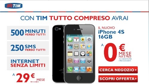 Apple iPhone 4S 16 GB a 0 euro per sei mesi con Tutto Compreso di TIM