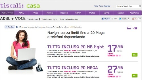 Tiscali: canone scontato sino al 2015 per chi si abbonerà a Tutto Incluso 20 MEGA
