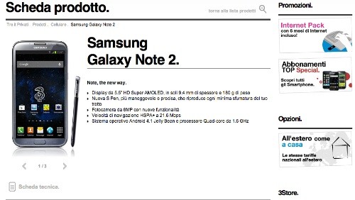 Samsung Galaxy Note 2: l'offerta abbonamento di 3 Italia