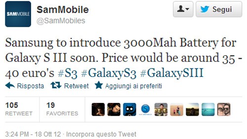Samsung Galaxy S3, arriva la batteria da 3.000 mAh