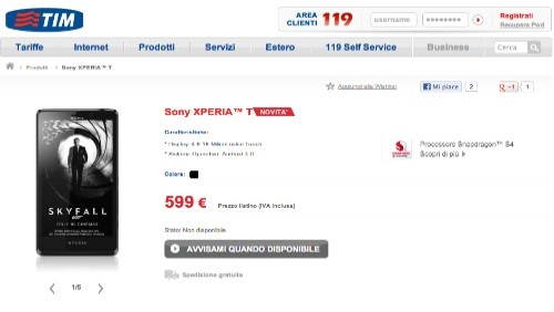 Sony Xperia T arriva nel listino di TIM, ecco l'offerta dedicata
