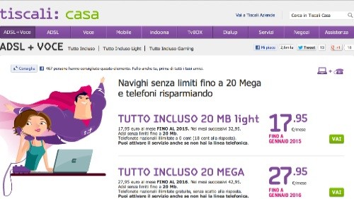 Tiscali sconta Tutto Incluso 20 Mega sino al 2016