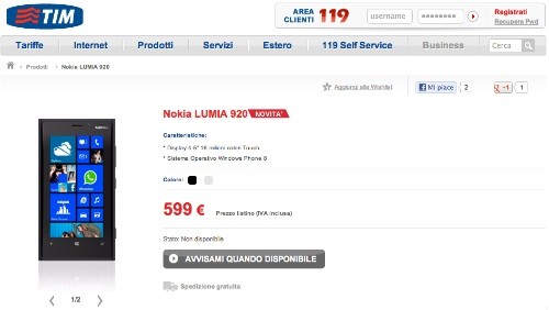 Nokia Lumia 920 entra nel listino TIM