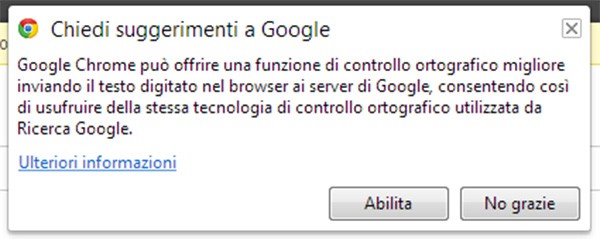 La schermata per abilitare l'opzione "Chiedi suggerimento a Google" nel browser Chrome