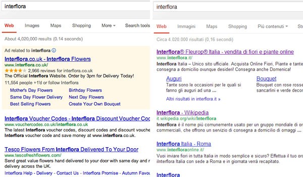 La SERP per la keyword "interflora": differenze tra la versione britannica di Google (sinistra) e quella italiana (destra) La SERP per la keyword "interflora": differenze tra la versione britannica di Google (sinistra) e quella italiana (destra)