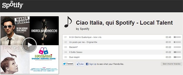Alcuni brani dei cantanti nostrani inseriti da Spotify nella playlist "Ciao Italia" Alcuni brani dei cantanti nostrani inseriti da Spotify nella playlist "Ciao Italia"