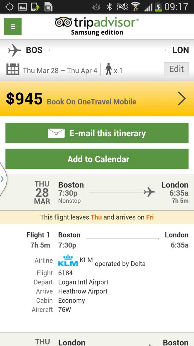 La versione dell'app TripAdvisor personalizzata per il Samsung Galaxy S4.