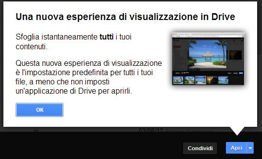 Un popup mostra la nuova modalità di visualizzazione dei contenuti integrata in Google Drive