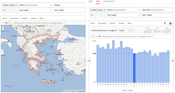 L'interfaccia di Google Flight Search: il servizio per la ricerca dei voli debutta oggi anche in Italia