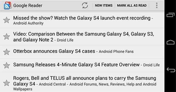 Uno screenshot per l'applicazione ufficiale di Google Reader sui dispositivi Android