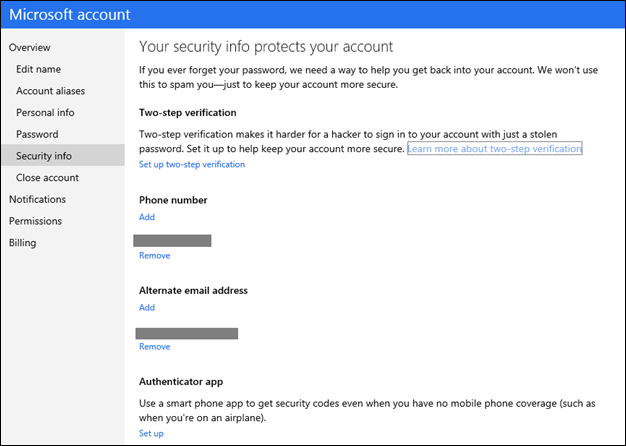 La sezione dell'account Microsoft dove attivare l'autenticazione in due passaggi.