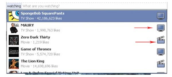Facebook suggerità nella nuova barra di stato schede su serie tv o film al cinema.